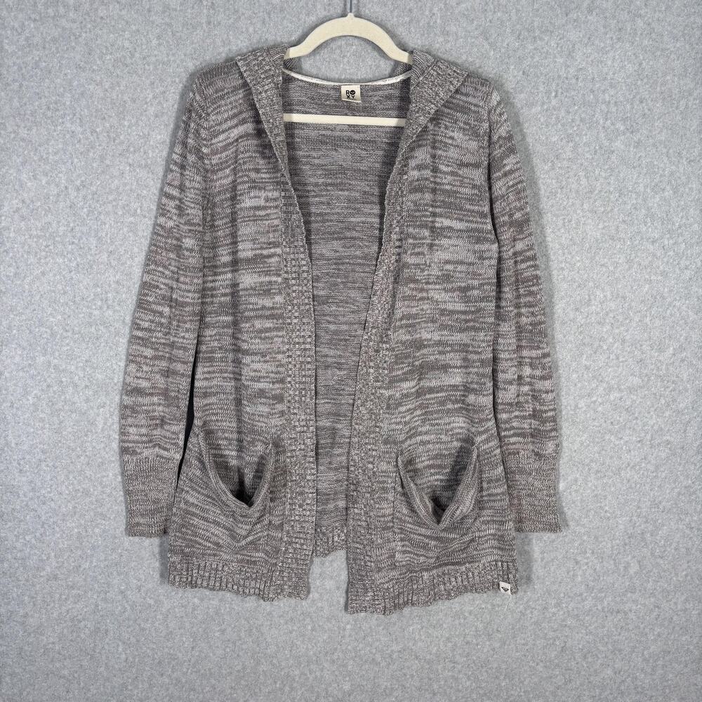 Roxy Hooded Cardigan Sweater Small Marled‎ Pockets Cotton Blue Crush Beach READ